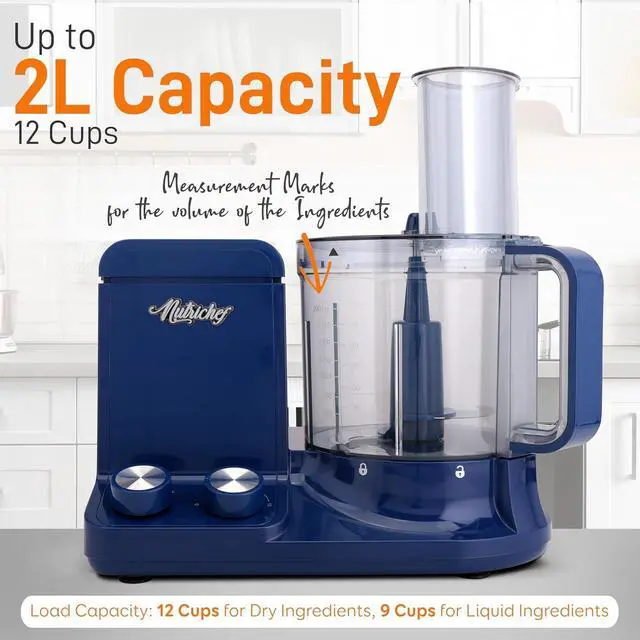 Alt view image 5 of 7 - NutriChef Food Processor | 2 QT Capacity | Ultra-Quiet Multipurpose Motor | Includes 6 Attachment Blades | Silicone Base for Secure Grip | 12-Cup Capacity | Pre-Set Speeds for Easy Use (Blue)
