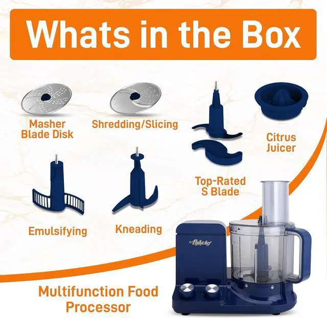 Alt view image 7 of 7 - NutriChef Food Processor | 2 QT Capacity | Ultra-Quiet Multipurpose Motor | Includes 6 Attachment Blades | Silicone Base for Secure Grip | 12-Cup Capacity | Pre-Set Speeds for Easy Use (Blue)