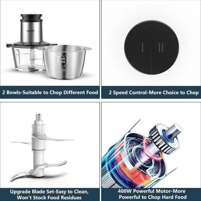 Alt view image 2 of 7 - JOYAMI Electric Food Processor with 2 Bowls, Food Chopper Vegetable Meat Grinder, Stainless Steel Blades, 2 Speed