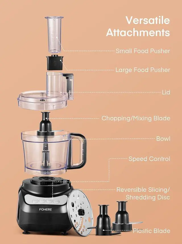 Alt view image 7 of 7 - FOHERE Food Processor, 12 Cup, 2-in-1 Feed Chute Vegetable Chopper & Meat Grinder for Mincing, Dicing, Shredding, Puree & Kneading Dough, Stainless Steel