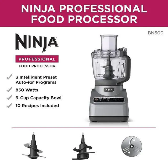 Alt view image 3 of 7 - Ninja Professional Plus Chopper Food Processor 850-Watts With Auto-iQ Preset Programs Chop Puree Dough Slice Shred With a 9-Cup Capacity and a Silver Stainless Finish (BN600C) - Canadian Version
