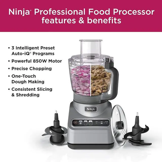 Alt view image 5 of 7 - Ninja Professional Plus Chopper Food Processor 850-Watts With Auto-iQ Preset Programs Chop Puree Dough Slice Shred With a 9-Cup Capacity and a Silver Stainless Finish (BN600C) - Canadian Version