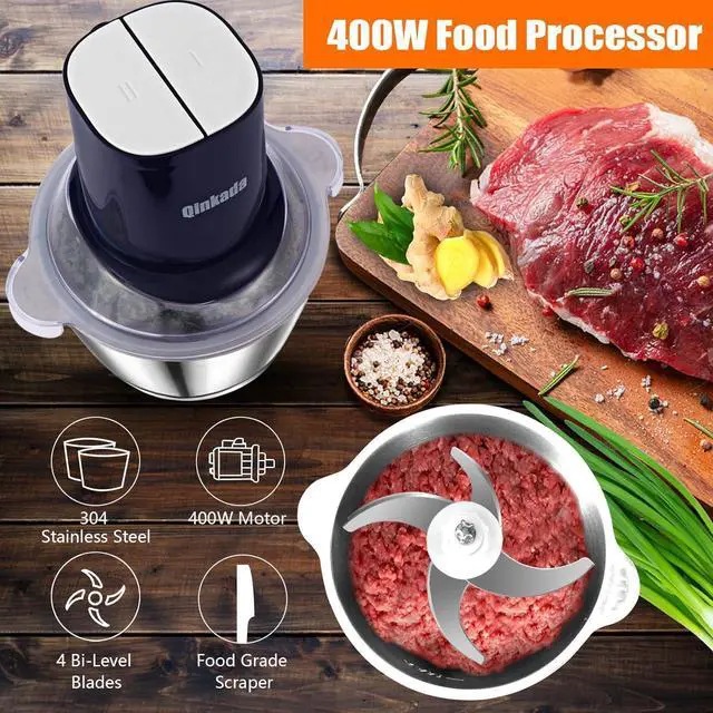 Alt view image 2 of 6 - Food Processors with 2 Bowls, 400 W Meat Grinder, Food Chopper Electric, 2 Speed, 2 Pcs 8 Cup 304 Stainless Steel Bowls, 2 Blade and Spatula (Blue 2)