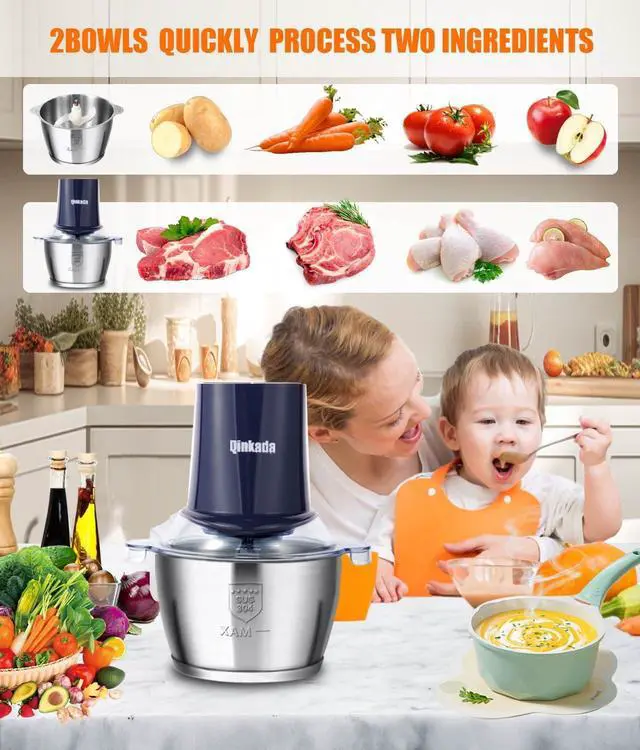 Alt view image 3 of 6 - Food Processors with 2 Bowls, 400 W Meat Grinder, Food Chopper Electric, 2 Speed, 2 Pcs 8 Cup 304 Stainless Steel Bowls, 2 Blade and Spatula (Blue 2)