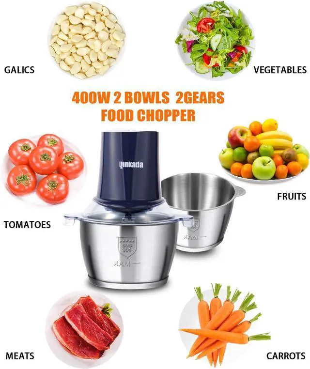 Alt view image 4 of 6 - Food Processors with 2 Bowls, 400 W Meat Grinder, Food Chopper Electric, 2 Speed, 2 Pcs 8 Cup 304 Stainless Steel Bowls, 2 Blade and Spatula (Blue 2)