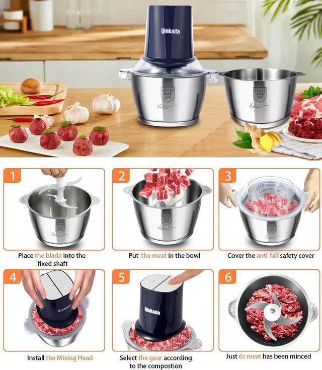 Alt view image 5 of 6 - Food Processors with 2 Bowls, 400 W Meat Grinder, Food Chopper Electric, 2 Speed, 2 Pcs 8 Cup 304 Stainless Steel Bowls, 2 Blade and Spatula (Blue 2)