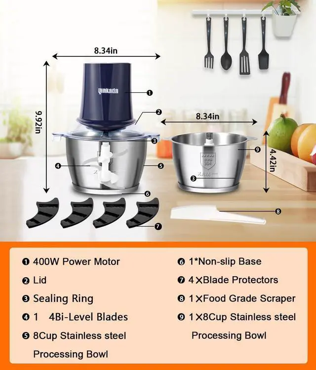 Alt view image 6 of 6 - Food Processors with 2 Bowls, 400 W Meat Grinder, Food Chopper Electric, 2 Speed, 2 Pcs 8 Cup 304 Stainless Steel Bowls, 2 Blade and Spatula (Blue 2)