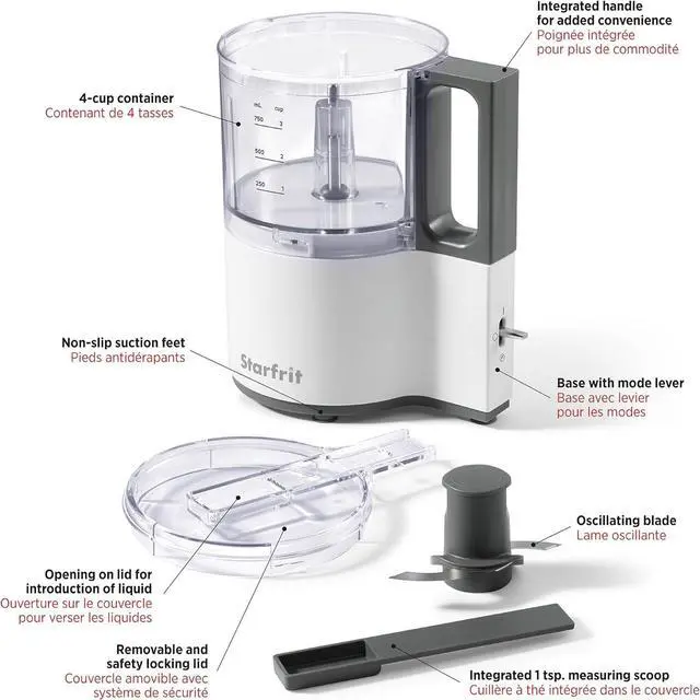 Alt view image 3 of 7 - Starfrit Electric Oscillating Food Processor - 4 Cups - Measuring Spoon - High, Low & Pulse Modes - 300W