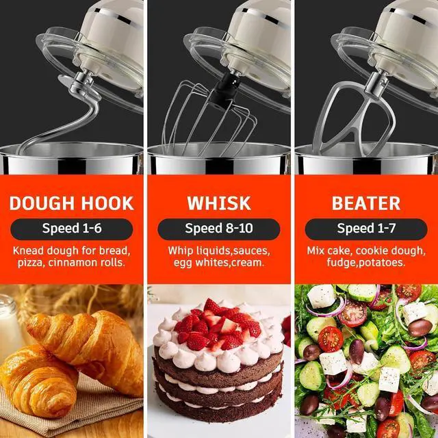 Alt view image 6 of 7 - Stand Mixer, 5.5 Quart, 10 Speed Tilt-Head Food Mixer, Kitchen Electric Mixer with SS Bowl, Copper Motor, Beater, Dough Hook, SS Egg Whisk (450W Cream)