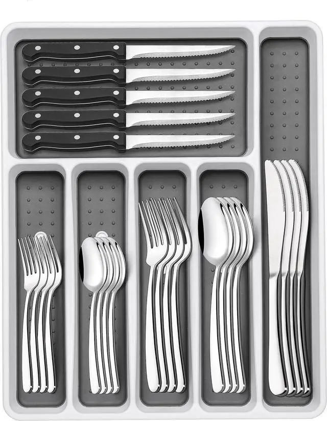 Main image of 49-Piece Silverware Set with Organizer, Heavy Duty Stainless Steel Flatware for 8, Cutlery Utensil Sets with Steak Knives, Rust-proof, Mirror Polished, Dishwasher Safe