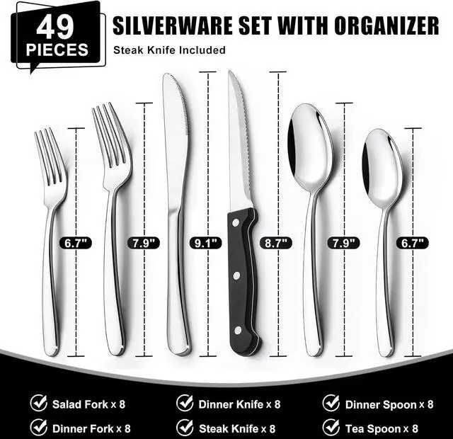 Alt view image 2 of 6 - 49-Piece Silverware Set with Organizer, Heavy Duty Stainless Steel Flatware for 8, Cutlery Utensil Sets with Steak Knives, Rust-proof, Mirror Polished, Dishwasher Safe
