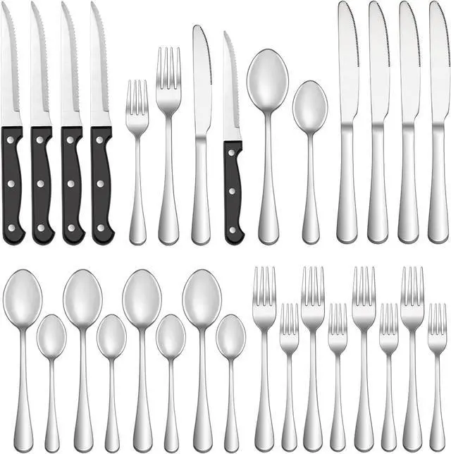 Main image of 24 Pcs Silverware Set with Steak Knives Service for 4,Stainless Steel Flatware Set,Mirror Polished Cutlery Utensil Set,Home Kitchen Eating Tableware Set,Include Fork Knife Spoon Set,Dishwasher Safe