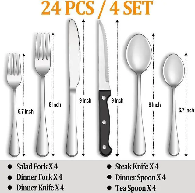 Alt view image 2 of 7 - 24 Pcs Silverware Set with Steak Knives Service for 4,Stainless Steel Flatware Set,Mirror Polished Cutlery Utensil Set,Home Kitchen Eating Tableware Set,Include Fork Knife Spoon Set,Dishwasher Safe