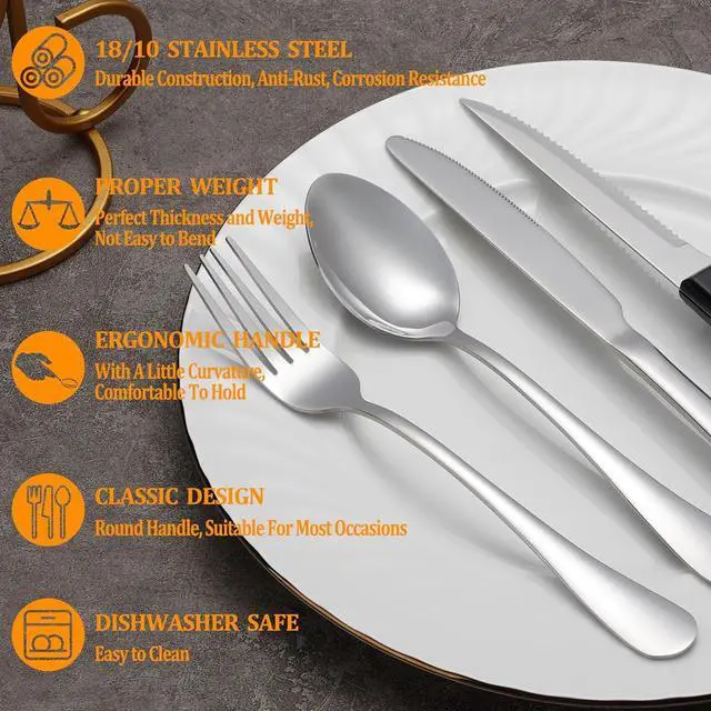 Alt view image 3 of 7 - 24 Pcs Silverware Set with Steak Knives Service for 4,Stainless Steel Flatware Set,Mirror Polished Cutlery Utensil Set,Home Kitchen Eating Tableware Set,Include Fork Knife Spoon Set,Dishwasher Safe