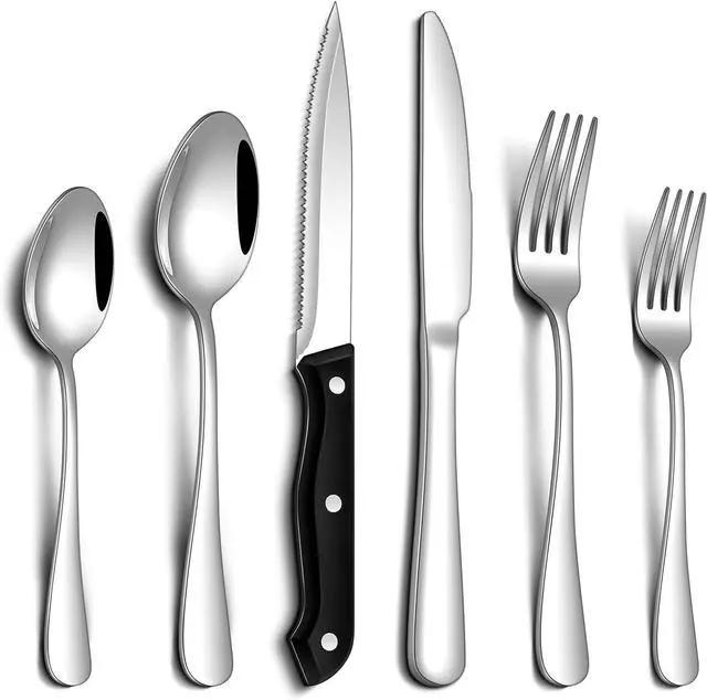 Main image of 24 Pcs Silverware Set with Steak Knives Food-Grade Stainless Steel Flatware Set for 4 Mirror Cutlery Include Forks Spoons and Knives Set Dishwasher Safe Utensil Sets for Home Restaurant
