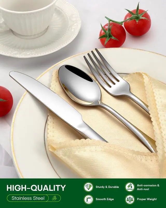Alt view image 5 of 7 - 24 Pcs Silverware Set with Steak Knives Food-Grade Stainless Steel Flatware Set for 4 Mirror Cutlery Include Forks Spoons and Knives Set Dishwasher Safe Utensil Sets for Home Restaurant