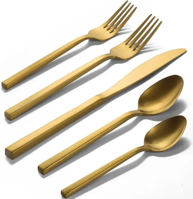Main image of Alata Cube Gold 20-Piece Flatware Set, Forged Cutlery Set, Matte Gold Silverware Service for 4, Stainless Steel Tableware with Square Handle for Home/Restaurant, Dishwasher Safe