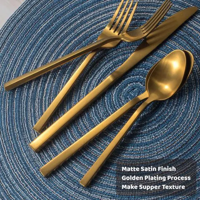 Alt view image 3 of 6 - Alata Cube Gold 20-Piece Flatware Set, Forged Cutlery Set, Matte Gold Silverware Service for 4, Stainless Steel Tableware with Square Handle for Home/Restaurant, Dishwasher Safe
