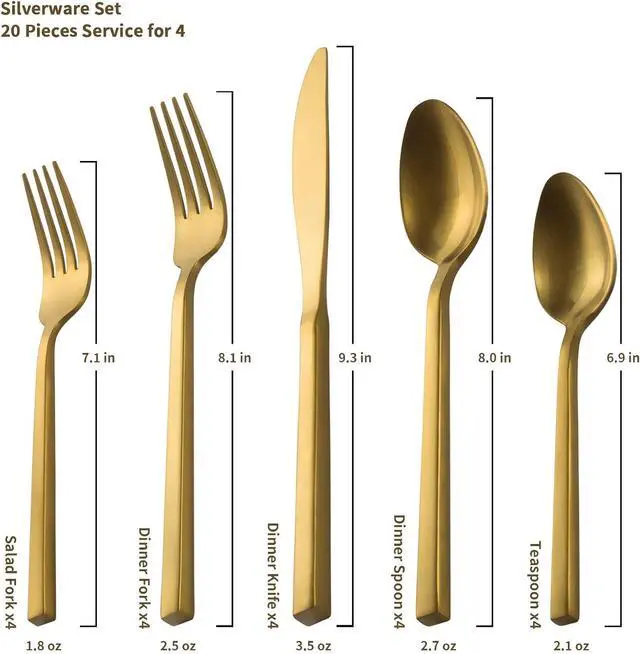 Alt view image 4 of 6 - Alata Cube Gold 20-Piece Flatware Set, Forged Cutlery Set, Matte Gold Silverware Service for 4, Stainless Steel Tableware with Square Handle for Home/Restaurant, Dishwasher Safe