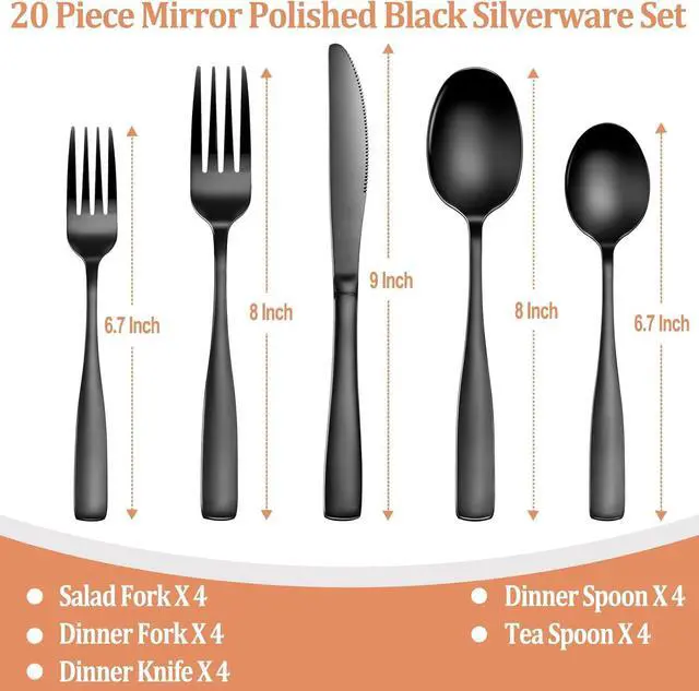 Alt view image 2 of 7 - 20 Pcs Black Silverware Set, Food-Grade Stainless Steel Flatware Set for 4, Square Cutlery Set, Mirror Polished Tableware Eating Utensils Set for Kitchen, Include Knife Fork Spoon Set,Dishwasher Safe
