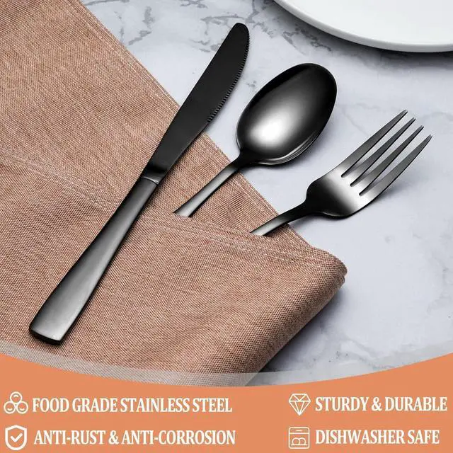 Alt view image 3 of 7 - 20 Pcs Black Silverware Set, Food-Grade Stainless Steel Flatware Set for 4, Square Cutlery Set, Mirror Polished Tableware Eating Utensils Set for Kitchen, Include Knife Fork Spoon Set,Dishwasher Safe