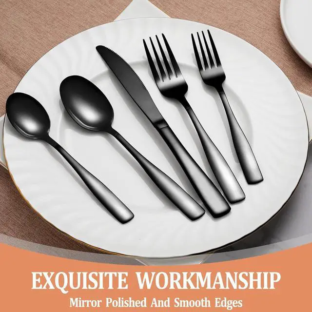 Alt view image 4 of 7 - 20 Pcs Black Silverware Set, Food-Grade Stainless Steel Flatware Set for 4, Square Cutlery Set, Mirror Polished Tableware Eating Utensils Set for Kitchen, Include Knife Fork Spoon Set,Dishwasher Safe