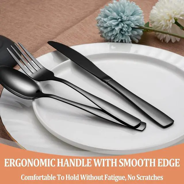 Alt view image 5 of 7 - 20 Pcs Black Silverware Set, Food-Grade Stainless Steel Flatware Set for 4, Square Cutlery Set, Mirror Polished Tableware Eating Utensils Set for Kitchen, Include Knife Fork Spoon Set,Dishwasher Safe