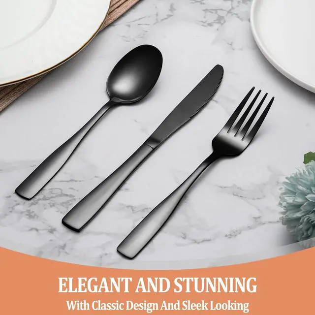 Alt view image 6 of 7 - 20 Pcs Black Silverware Set, Food-Grade Stainless Steel Flatware Set for 4, Square Cutlery Set, Mirror Polished Tableware Eating Utensils Set for Kitchen, Include Knife Fork Spoon Set,Dishwasher Safe