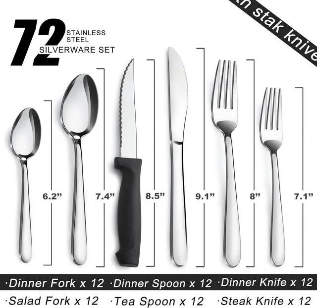 Alt view image 2 of 7 - Pleafind 72-Pieces Silverware Set for 12, Flatware Set with Steak Knives, Stainless Steel Cutlery Set, Include Forks Spoons and Knives Set, Dishwasher Safe Utensil Sets for Home Restaurant