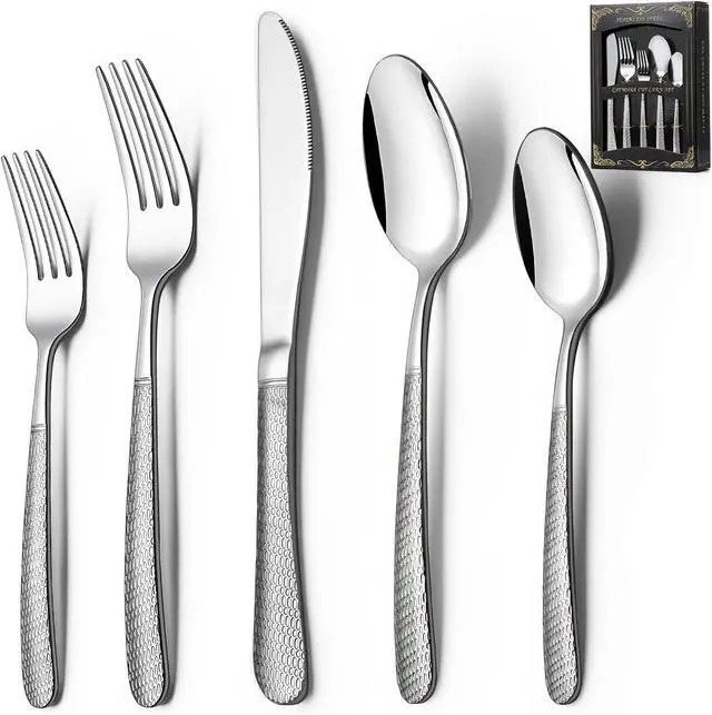Main image of 40-Piece Hammered Silverware Set, Deedro Stainless Steel Heavy Duty Flatware Set for 8, Food-Grade Tableware Cutlery Set, Utensil Sets for Home Restaurant, Mirror Finish, Dishwasher Safe