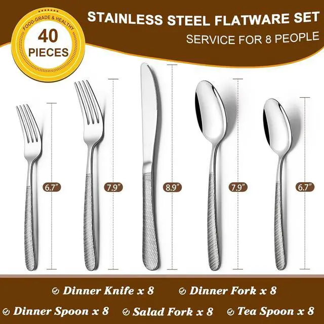 Alt view image 2 of 6 - 40-Piece Hammered Silverware Set, Deedro Stainless Steel Heavy Duty Flatware Set for 8, Food-Grade Tableware Cutlery Set, Utensil Sets for Home Restaurant, Mirror Finish, Dishwasher Safe