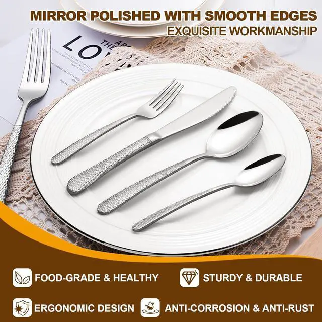 Alt view image 3 of 6 - 40-Piece Hammered Silverware Set, Deedro Stainless Steel Heavy Duty Flatware Set for 8, Food-Grade Tableware Cutlery Set, Utensil Sets for Home Restaurant, Mirror Finish, Dishwasher Safe