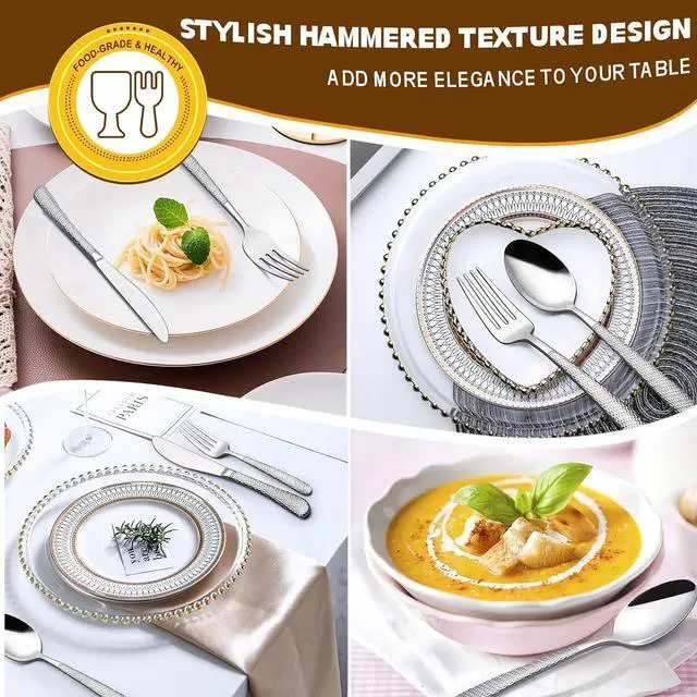 Alt view image 5 of 6 - 40-Piece Hammered Silverware Set, Deedro Stainless Steel Heavy Duty Flatware Set for 8, Food-Grade Tableware Cutlery Set, Utensil Sets for Home Restaurant, Mirror Finish, Dishwasher Safe