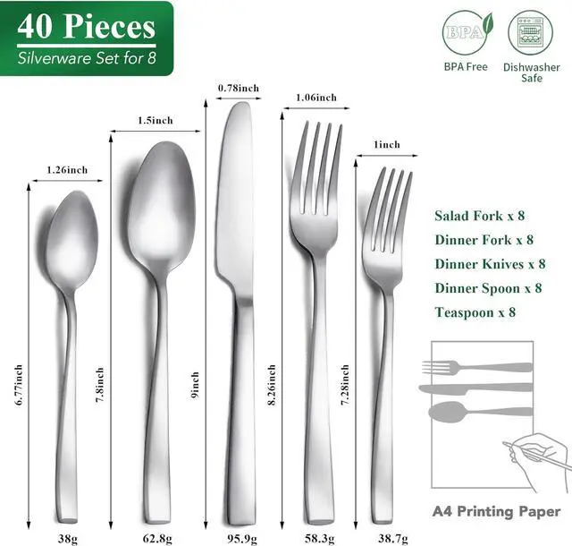 Alt view image 2 of 7 - 40 Piece Silverware Set Service for 8, EIUBUIE Premium Stainless Steel Cutlery Set, Matte Finish Flatware Sets Durable Solid, Modern Kitchen Tableware Eating Utensil Sets Include Spoons Forks Knives