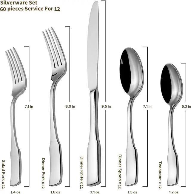 Alt view image 6 of 7 - Alata Kate 60-Piece Silverware Set Stainless Steel Flatware Set,Service for 12,Mirror Polished Cutlery Set,Dishwasher Safe