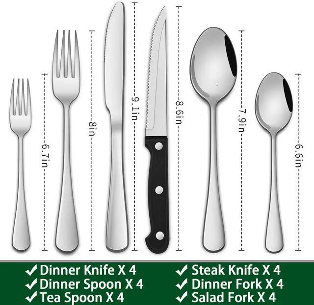 Alt view image 2 of 7 - 24-Piece Silverware Set with Steak Knives,Flatware Set Service for 4 Person, Food-Grade Stainless Steel Tableware Cutlery Set, Mirror Finished Utensil Sets for Home Restaurant