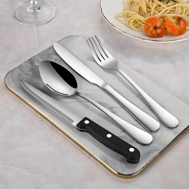 Alt view image 7 of 7 - 24-Piece Silverware Set with Steak Knives,Flatware Set Service for 4 Person, Food-Grade Stainless Steel Tableware Cutlery Set, Mirror Finished Utensil Sets for Home Restaurant
