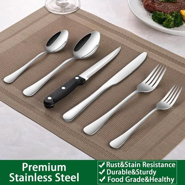 Alt view image 6 of 7 - 24-Piece Silverware Set with Steak Knives,Flatware Set Service for 4 Person, Food-Grade Stainless Steel Tableware Cutlery Set, Mirror Finished Utensil Sets for Home Restaurant