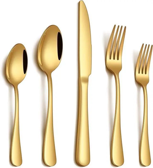 Main image of 20 Piece Gold Silverware Set, Stainless Steel Flatware Set for 4 Food Grade Cutlery Utensil Set Include Knife Fork Spoon Mirror Polished Dishwasher Safe
