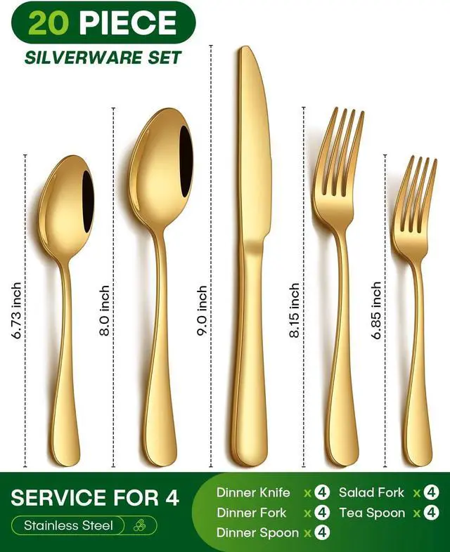 Alt view image 2 of 7 - 20 Piece Gold Silverware Set, Stainless Steel Flatware Set for 4 Food Grade Cutlery Utensil Set Include Knife Fork Spoon Mirror Polished Dishwasher Safe