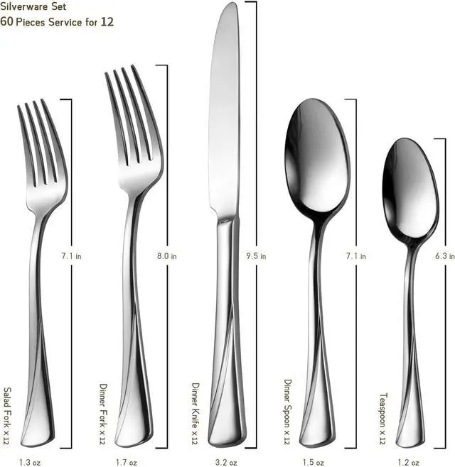 Alt view image 4 of 7 - Alata Alice 60-Piece Silverware Set Stainless Steel Flatware Set,Service for 12,Mirror Polished Cutlery Set,Dishwasher Safe