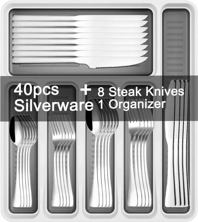 Main image of 49-Piece Silverware Set with Organizer, Stainless Steel Kitchen Utensils Set for 8, Cutlery Flatware Set with Steak Knives Fork Spoon for Home Kitchen Tableware, Dishwasher Safe