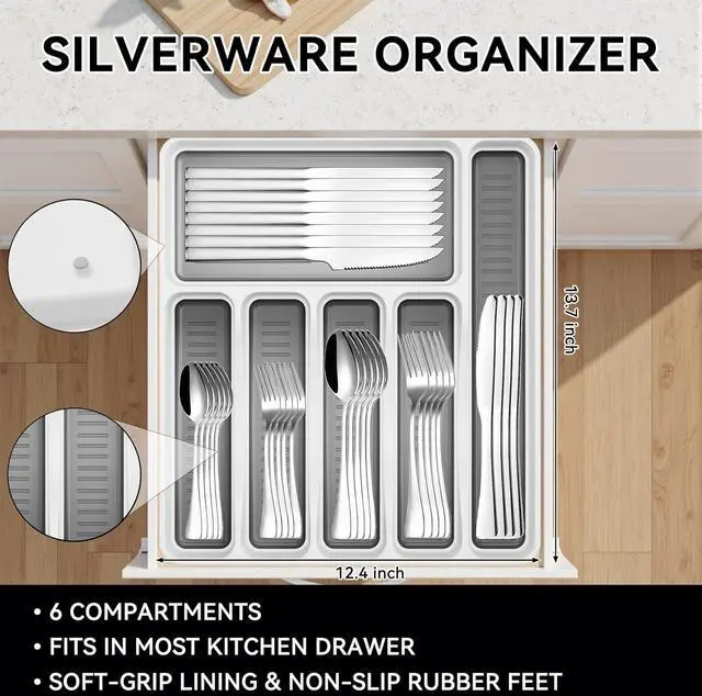 Alt view image 2 of 7 - 49-Piece Silverware Set with Organizer, Stainless Steel Kitchen Utensils Set for 8, Cutlery Flatware Set with Steak Knives Fork Spoon for Home Kitchen Tableware, Dishwasher Safe