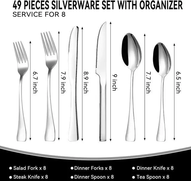 Alt view image 3 of 7 - 49-Piece Silverware Set with Organizer, Stainless Steel Kitchen Utensils Set for 8, Cutlery Flatware Set with Steak Knives Fork Spoon for Home Kitchen Tableware, Dishwasher Safe