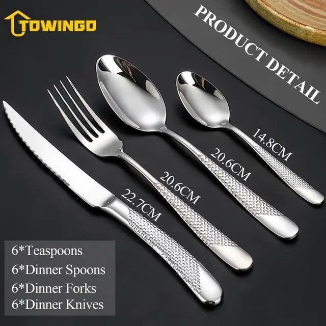 Alt view image 6 of 7 - 24 Pcs Flatware Set for 6 Persons, Stainless Steel Steak Knife Silverware Set Including Forks and Spoons for Home, Restaurant, Wedding, Party