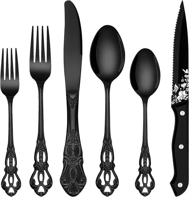Main image of EUIRIO 48 Pieces Royal Black Silverware Set for 8, Retro Gorgeous Flatware Set with Steak Knives, Premium Stainless Steel Vintage Cutlery Set with Forks Spoons and Knives, Dishwasher Safe
