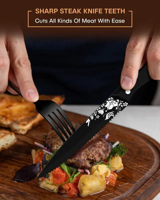 Alt view image 4 of 7 - EUIRIO 48 Pieces Royal Black Silverware Set for 8, Retro Gorgeous Flatware Set with Steak Knives, Premium Stainless Steel Vintage Cutlery Set with Forks Spoons and Knives, Dishwasher Safe