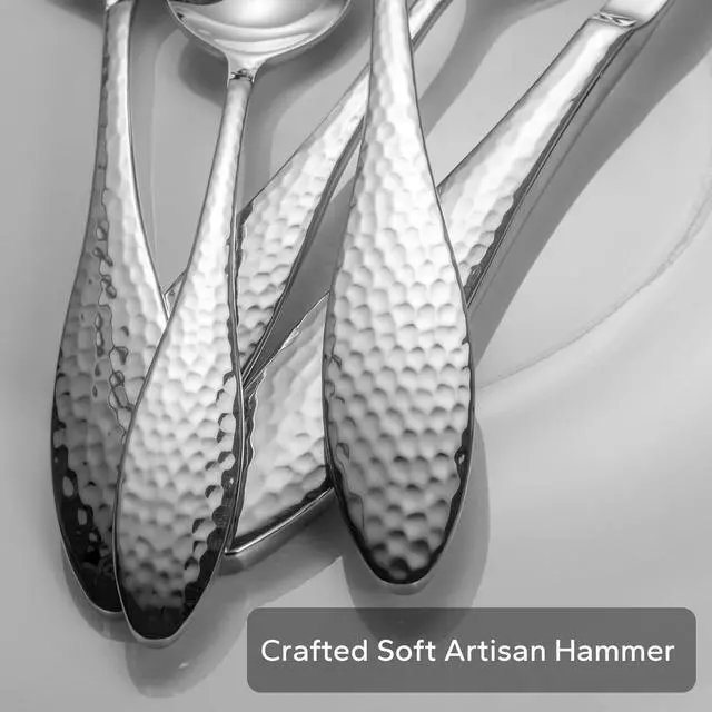 Alt view image 3 of 7 - Alata Emma 40-Piece 18/10 Silverware Set, Hammered Flatware Set, Heavy Duty Stainless Steel Cutlery Set, Modern Kitchen Utensils, Dinnerware Sets Service for 8, Mirror Polished & Dishwasher Safe
