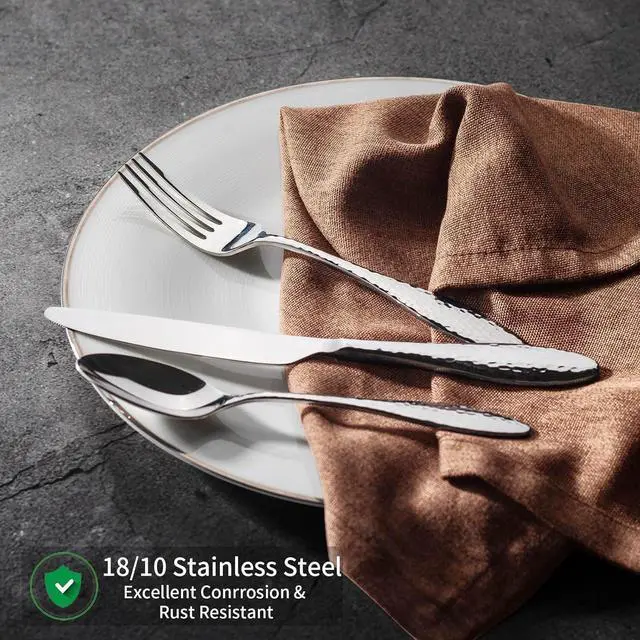 Alt view image 2 of 7 - Alata Emma 40-Piece 18/10 Silverware Set, Hammered Flatware Set, Heavy Duty Stainless Steel Cutlery Set, Modern Kitchen Utensils, Dinnerware Sets Service for 8, Mirror Polished & Dishwasher Safe