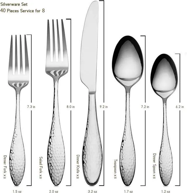 Alt view image 6 of 7 - Alata Emma 40-Piece 18/10 Silverware Set, Hammered Flatware Set, Heavy Duty Stainless Steel Cutlery Set, Modern Kitchen Utensils, Dinnerware Sets Service for 8, Mirror Polished & Dishwasher Safe